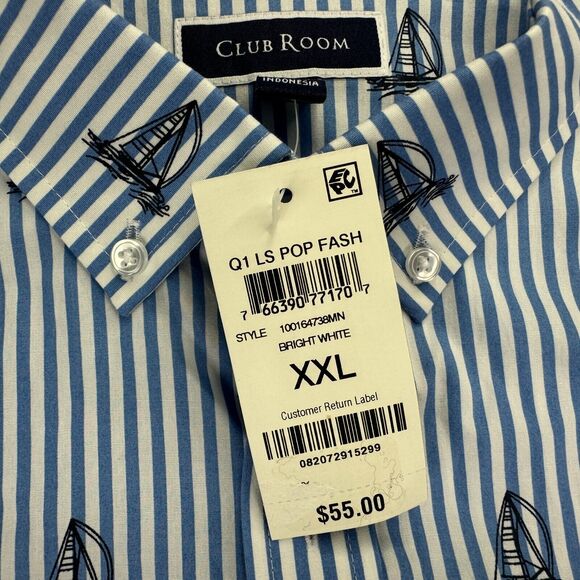 Club Room Mens Classic Fit Stripe Sailboat Poplin Button Down Shirt Blue 2XL - Picture 2 of 4